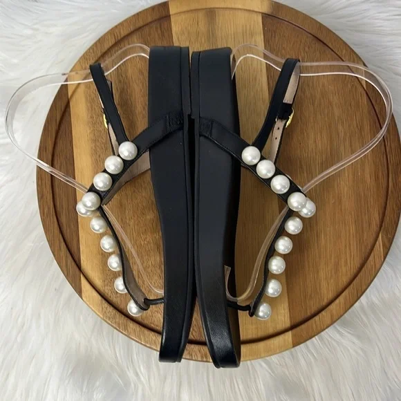 STUART WEITZMAN l Goldie Pearly Leather Flat Strap Sandal Black Leather Size 7 - Picture 10 of 15